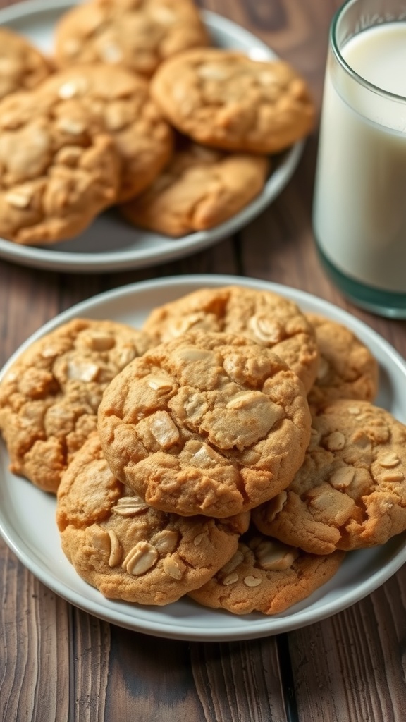 A plate of golden brown peanut butter oatmeal cookies with a glass of milk on a rustic table.